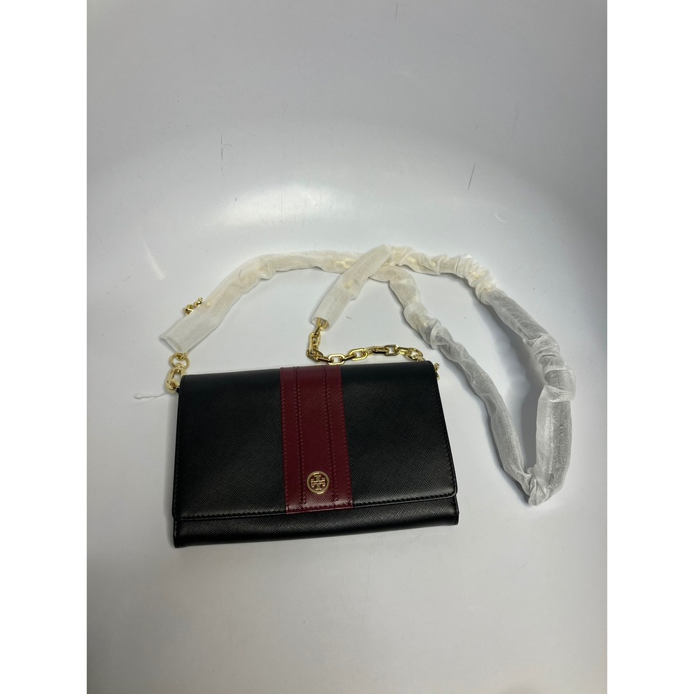 Tory Burch Robinson chain wallet black & maroon saffiano leather brand new!